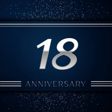 Gerçekçi on sekiz yıl yıldönümü kutlama logo. Gümüş numaraları ve mavi arka plan üzerinde gümüş konfeti. Doğum günü partin için renkli vektör şablon öğeleri