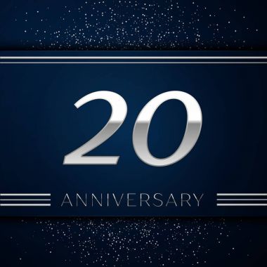 Gerçekçi yirmi yıl yıldönümü kutlama logo. Gümüş numaraları ve mavi arka plan üzerinde gümüş konfeti. Doğum günü partin için renkli vektör şablon öğeleri