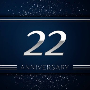 Gerçekçi yirmi iki yıl yıldönümü kutlama logo. Gümüş numaraları ve mavi arka plan üzerinde gümüş konfeti. Doğum günü partin için renkli vektör şablon öğeleri