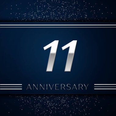 Gerçekçi on bir yıl yıldönümü kutlama logo. Gümüş numaraları ve mavi arka plan üzerinde gümüş konfeti. Doğum günü partin için renkli vektör şablon öğeleri