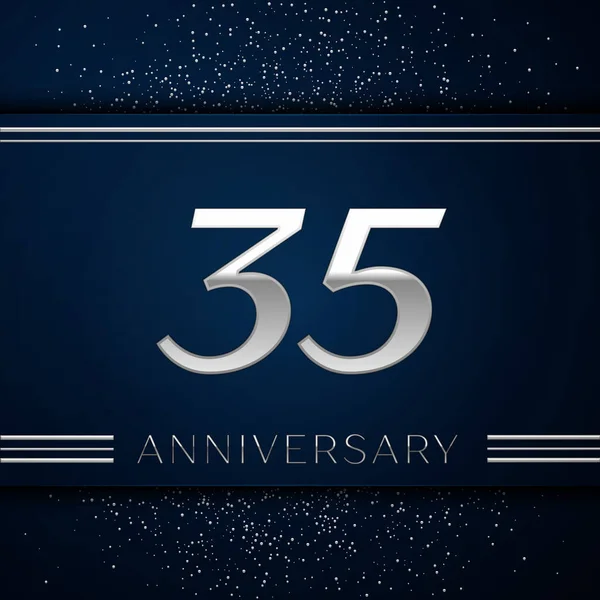 Realistiska trettio fem år Anniversary Celebration Logotype. Silver nummer och silver konfetti på blå bakgrund. Färgglada Vector mall-element för din födelsedagsfest — Stock vektor