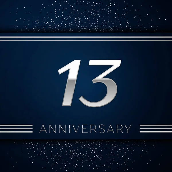 Logotipo realista de la celebración del aniversario de trece años. Números de plata y confeti de plata sobre fondo azul. Coloridos elementos de plantilla Vector para su fiesta de cumpleaños — Vector de stock