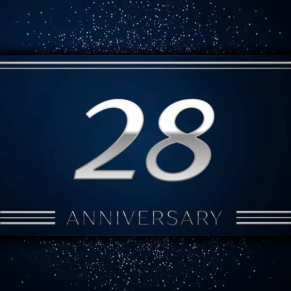 Gerçekçi yirmi sekiz yıl yıldönümü kutlama logo. Gümüş numaraları ve mavi arka plan üzerinde gümüş konfeti. Doğum günü partin için renkli vektör şablon öğeleri