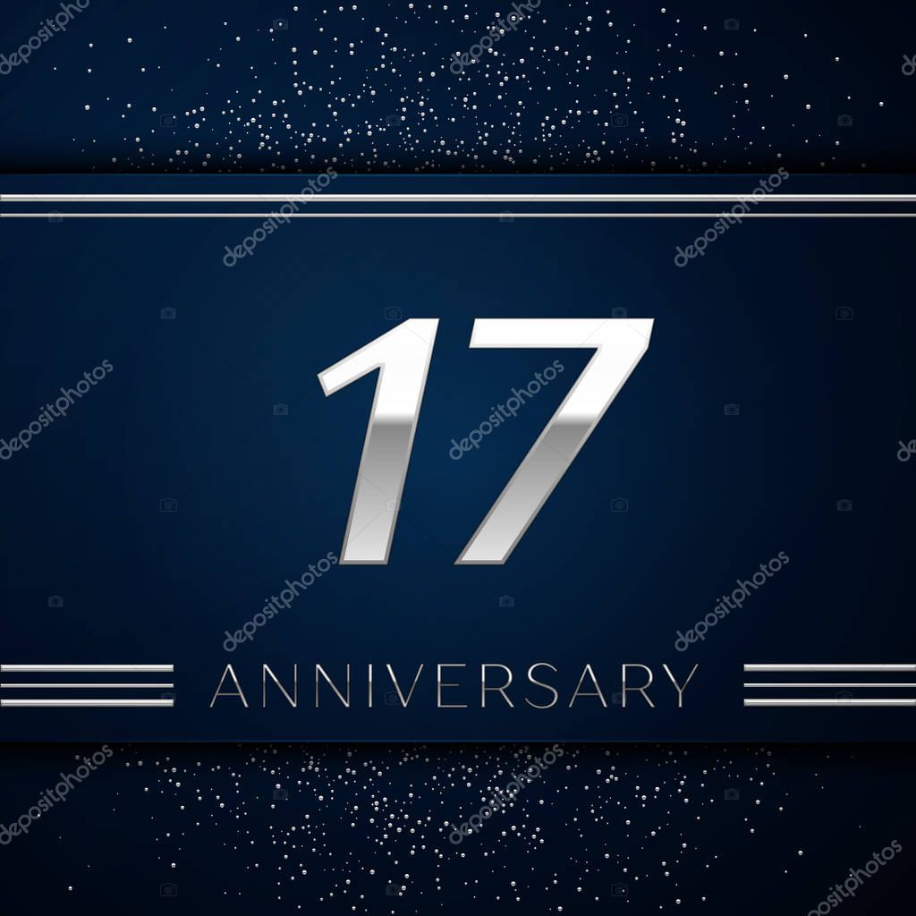 Realistic Seventeen Years Anniversary Celebration Logotype. Silver numbers and silver confetti on blue background. Colorful Vector template elements for your birthday party