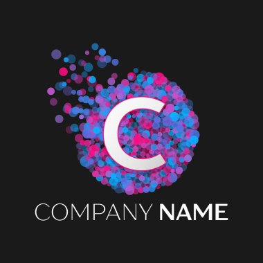 Gerçekçi harfi C logo ile mavi, mor, pembe parçacıklar ve kabarcık nokta siyah arka plan üzerine bir dairede. Tasarımınız için vektör şablonu
