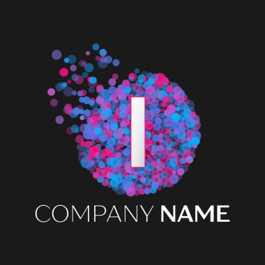 Gerçekçi harf ı mavi, mor, pembe parçacıkları ile logo ve siyah arka plan üzerine daire içinde nokta kabarcık. Tasarımınız için vektör şablonu