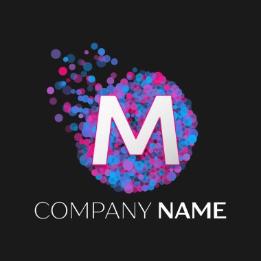 Gerçekçi mektup M logosu ile mavi, mor, pembe parçacıklar ve kabarcık nokta siyah arka plan üzerine bir dairede. Tasarımınız için vektör şablonu