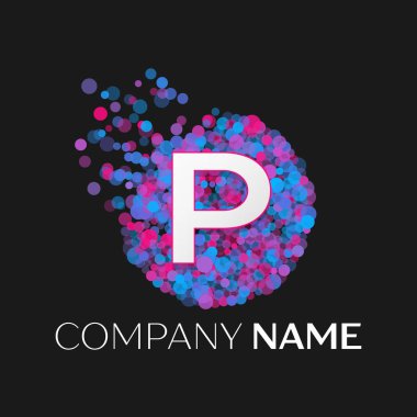 Gerçekçi mektup P logo ile mavi, mor, pembe parçacıklar ve kabarcık nokta siyah arka plan üzerine bir dairede. Tasarımınız için vektör şablonu