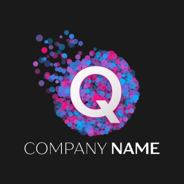 Gerçekçi harf Q logosu ile mavi, mor, pembe parçacıklar ve kabarcık nokta siyah arka plan üzerine bir dairede. Tasarımınız için vektör şablonu