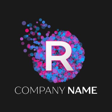 Gerçekçi harf R logosu ile mavi, mor, pembe parçacıklar ve kabarcık nokta siyah arka plan üzerine bir dairede. Tasarımınız için vektör şablonu