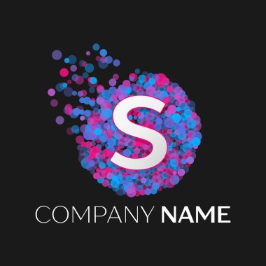 Gerçekçi S harfi logosu ile mavi, mor, pembe parçacıklar ve kabarcık nokta siyah arka plan üzerine bir dairede. Tasarımınız için vektör şablonu