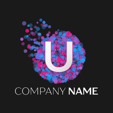 Gerçekçi harf U logosu ile mavi, mor, pembe parçacıklar ve kabarcık nokta siyah arka plan üzerine bir dairede. Tasarımınız için vektör şablonu