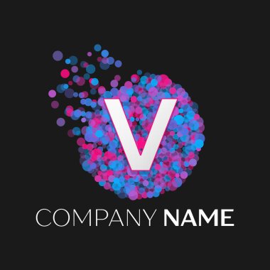 Gerçekçi harf V logosu ile mavi, mor, pembe parçacıklar ve kabarcık nokta siyah arka plan üzerine bir dairede. Tasarımınız için vektör şablonu