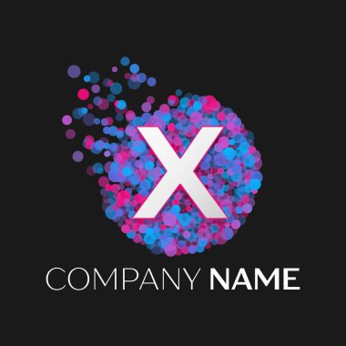 Gerçekçi mektup X logosu ile mavi, mor, pembe parçacıklar ve kabarcık nokta siyah arka plan üzerine bir dairede. Tasarımınız için vektör şablonu