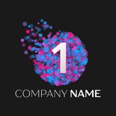Gerçekçi bir logo ile mavi, mor, pembe parçacıkları sayısı ve siyah arka plan üzerine daire içinde nokta kabarcık. Tasarımınız için vektör şablonu