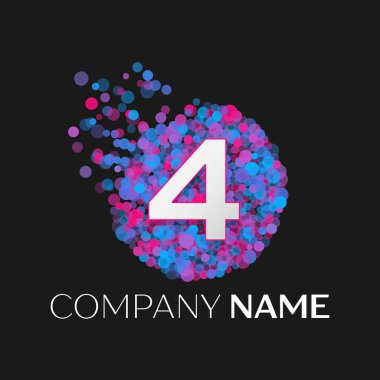 Gerçekçi dört logosu mavi, mor, pembe parçacıkları ile numara ve siyah arka plan üzerine daire içinde nokta kabarcık. Tasarımınız için vektör şablonu