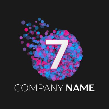 Gerçekçi yedi logosu mavi, mor, pembe parçacıkları ile numara ve siyah arka plan üzerine daire içinde nokta kabarcık. Tasarımınız için vektör şablonu