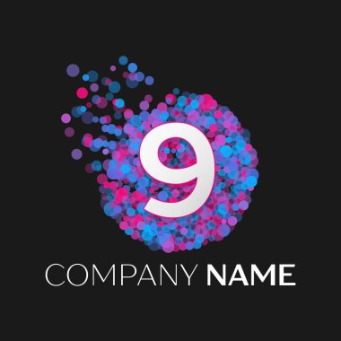 Gerçekçi dokuz logosu mavi, mor, pembe parçacıkları ile numara ve siyah arka plan üzerine daire içinde nokta kabarcık. Tasarımınız için vektör şablonu