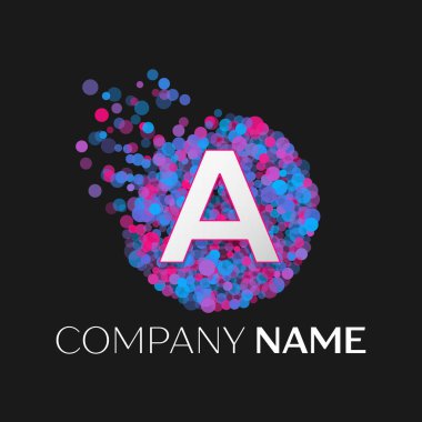 Gerçekçi bir logo mavi, mor, pembe parçacıkları ile mektup ve siyah arka plan üzerine daire içinde nokta kabarcık. Tasarımınız için vektör şablonu