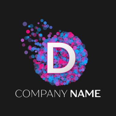 Gerçekçi mektup D logo ile mavi, mor, pembe parçacıklar ve kabarcık nokta siyah arka plan üzerine bir dairede. Tasarımınız için vektör şablonu