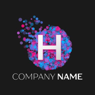 Gerçekçi H harfi logosu ile mavi, mor, pembe parçacıklar ve kabarcık nokta siyah arka plan üzerine bir dairede. Tasarımınız için vektör şablonu