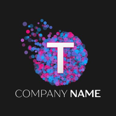 Gerçekçi mektup T logo ile mavi, mor, pembe parçacıklar ve kabarcık nokta siyah arka plan üzerine bir dairede. Tasarımınız için vektör şablonu