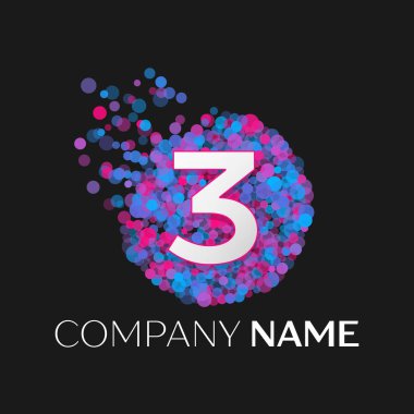 Gerçekçi üç logosu mavi, mor, pembe parçacıkları ile numara ve siyah arka plan üzerine daire içinde nokta kabarcık. Tasarımınız için vektör şablonu