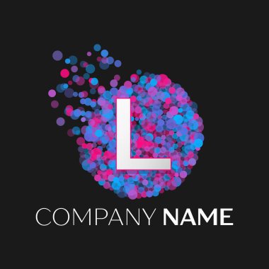 Gerçekçi L harfi logosu ile mavi, mor, pembe parçacıklar ve kabarcık nokta siyah arka plan üzerine bir dairede. Tasarımınız için vektör şablonu