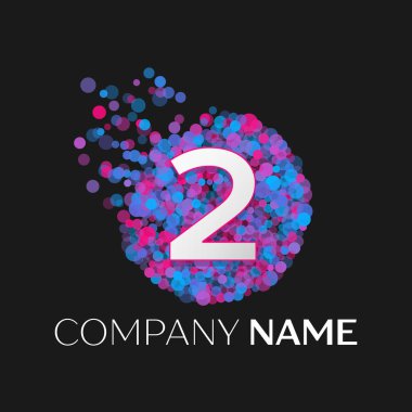 Gerçekçi mavi, mor, pembe parçacıkları ile iki logo numara ve siyah arka plan üzerine daire içinde nokta kabarcık. Tasarımınız için vektör şablonu