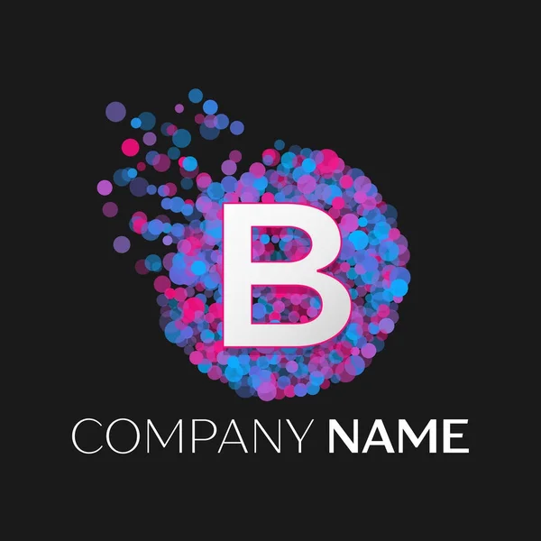Logotipo de letra B realista com partículas azuis, roxas, rosa e pontos de bolha em círculo sobre fundo preto. Modelo de vetor para o seu projeto —  Vetores de Stock