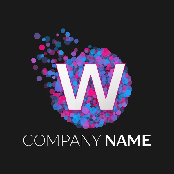 Letra realista W logo con azul, púrpura, partículas de color rosa y puntos de burbuja en círculo sobre fondo negro. Plantilla vectorial para su diseño — Archivo Imágenes Vectoriales