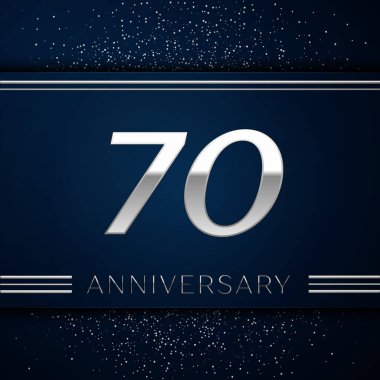 Gerçekçi yetmiş yıl yıldönümü kutlama logo. Gümüş numaraları ve mavi arka plan üzerinde gümüş konfeti. Doğum günü partin için renkli vektör şablon öğeleri