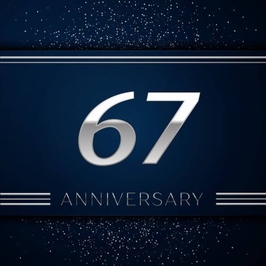 Gerçekçi altmış yedi yıl yıldönümü kutlama logo. Gümüş numaraları ve mavi arka plan üzerinde gümüş konfeti. Doğum günü partin için renkli vektör şablon öğeleri