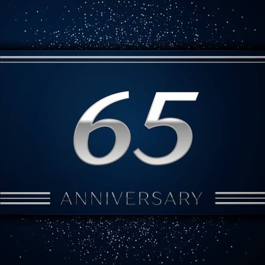 Gerçekçi altmış beş yıl yıldönümü kutlama logo. Gümüş numaraları ve mavi arka plan üzerinde gümüş konfeti. Doğum günü partin için renkli vektör şablon öğeleri