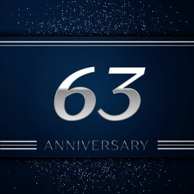 Gerçekçi altmış üç yıl yıldönümü kutlama logo. Gümüş numaraları ve mavi arka plan üzerinde gümüş konfeti. Doğum günü partin için renkli vektör şablon öğeleri