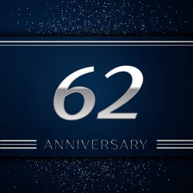 Gerçekçi altmış iki yıl yıldönümü kutlama logo. Gümüş numaraları ve mavi arka plan üzerinde gümüş konfeti. Doğum günü partin için renkli vektör şablon öğeleri