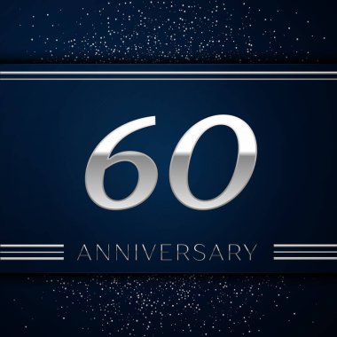 Gerçekçi altmış yıl yıldönümü kutlama logo. Gümüş numaraları ve mavi arka plan üzerinde gümüş konfeti. Doğum günü partin için renkli vektör şablon öğeleri
