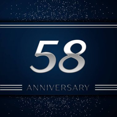 Gerçekçi elli sekiz yıl yıldönümü kutlama logo. Gümüş numaraları ve mavi arka plan üzerinde gümüş konfeti. Doğum günü partin için renkli vektör şablon öğeleri