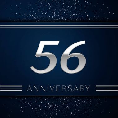 Gerçekçi elli altı yıl yıldönümü kutlama logo. Gümüş numaraları ve mavi arka plan üzerinde gümüş konfeti. Doğum günü partin için renkli vektör şablon öğeleri