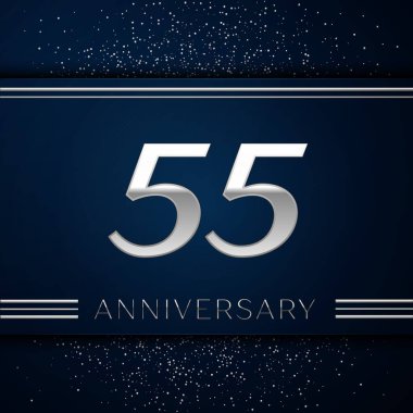 Gerçekçi elli beş yıl yıldönümü kutlama logo. Gümüş numaraları ve mavi arka plan üzerinde gümüş konfeti. Doğum günü partin için renkli vektör şablon öğeleri
