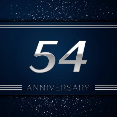 Gerçekçi elli dört yıl yıldönümü kutlama logo. Gümüş numaraları ve mavi arka plan üzerinde gümüş konfeti. Doğum günü partin için renkli vektör şablon öğeleri