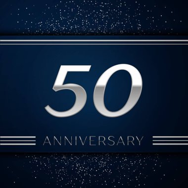 Gerçekçi elli yıl yıldönümü kutlama logo. Gümüş numaraları ve mavi arka plan üzerinde gümüş konfeti. Doğum günü partin için renkli vektör şablon öğeleri