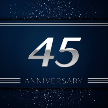 Gerçekçi kırk beş yıl yıldönümü kutlama logo. Gümüş numaraları ve mavi arka plan üzerinde gümüş konfeti. Doğum günü partin için renkli vektör şablon öğeleri