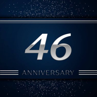 Gerçekçi kırk altı yıl yıldönümü kutlama logo. Gümüş numaraları ve mavi arka plan üzerinde gümüş konfeti. Doğum günü partin için renkli vektör şablon öğeleri