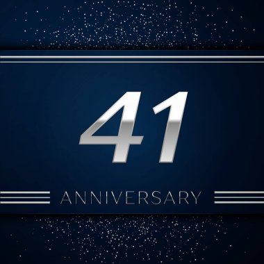 Gerçekçi kırk bir yıl yıldönümü kutlama logo. Gümüş numaraları ve mavi arka plan üzerinde gümüş konfeti. Doğum günü partin için renkli vektör şablon öğeleri