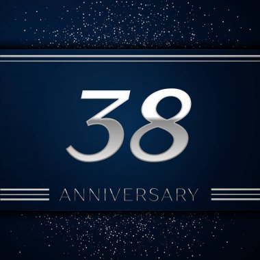 Gerçekçi otuz sekiz yıl yıldönümü kutlama logo. Gümüş numaraları ve mavi arka plan üzerinde gümüş konfeti. Doğum günü partin için renkli vektör şablon öğeleri