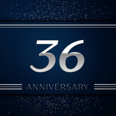 Gerçekçi otuz altı yıl yıldönümü kutlama logo. Gümüş numaraları ve mavi arka plan üzerinde gümüş konfeti. Doğum günü partin için renkli vektör şablon öğeleri