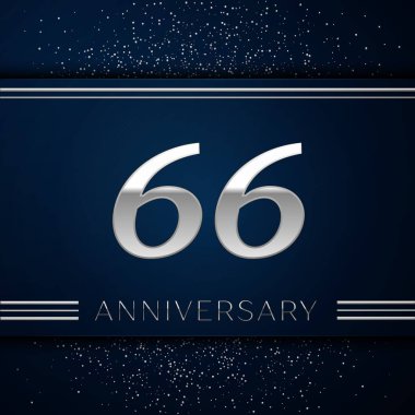 Gerçekçi altmış altı yıl yıldönümü kutlama logo. Gümüş numaraları ve mavi arka plan üzerinde gümüş konfeti. Doğum günü partin için renkli vektör şablon öğeleri