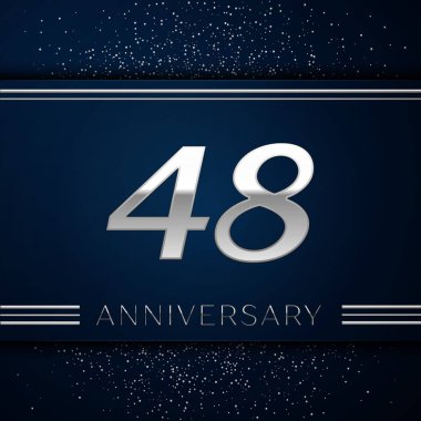 Gerçekçi kırk sekiz yıl yıldönümü kutlama logo. Gümüş numaraları ve mavi arka plan üzerinde gümüş konfeti. Doğum günü partin için renkli vektör şablon öğeleri