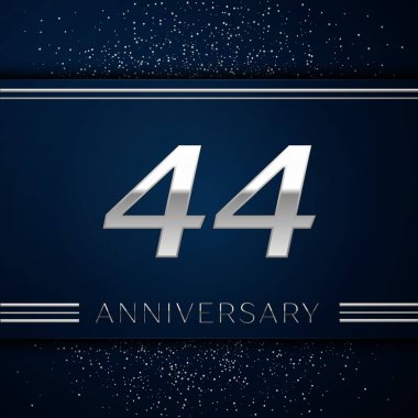 Gerçekçi kırk dört yıl yıldönümü kutlama logo. Gümüş numaraları ve mavi arka plan üzerinde gümüş konfeti. Doğum günü partin için renkli vektör şablon öğeleri